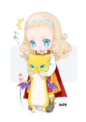 Rule 34 | 1girl, 2024, anlucea, blonde hair, blue eyes, blush, blush stickers, boots, brown footwear, cape, chibi, chinese zodiac, collared shirt, commentary request, curly hair, dated, dragon, dragon horns, dragon quest, dragon quest x, dragon wings, dress, forehead, full body, hair pulled back, hairband, highres, holding, horns, kosuga kumi, long hair, looking at another, looking down, mole, mole under mouth, monster, open mouth, orange dress, red cape, red tabard, scales, shirt, small fry (dragon quest), standing, tabard, white hairband, white shirt, wings, year of the dragon