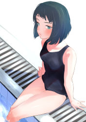 Rule 34 | 1girl, absurdres, black eyes, black hair, black one-piece swimsuit, blunt bangs, blunt ends, bob cut, closed mouth, commentary, frown, girls und panzer, highres, looking at viewer, nishihara yasoko, old school swimsuit, one-piece swimsuit, oze (xyz go go11), pool, school swimsuit, short hair, sitting, soaking feet, solo, swimsuit, thighs, wet, wet hair, white background