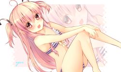 Rule 34 | 10s, 1girl, ahoge, angel beats!, bikini, blush, character name, chihio, chihiro (khorosho), long hair, looking at viewer, pink eyes, pink hair, solo, striped bikini, striped clothes, swimsuit, twintails, two side up, yui (angel beats!), zoom layer