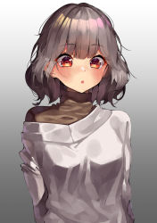 Rule 34 | 1girl, :o, blush, breasts, brown shirt, clip studio paint (medium), gradient background, grey background, grey hair, highres, looking at viewer, off shoulder, original, parted lips, red eyes, se.a, shirt, small breasts, solo, turtleneck, upper body, white background, white shirt