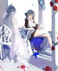 Rule 34 | 2girls, bird hair ornament, birthday, black sleeves, blue dress, braid, chair, crossed legs, cup, dress, dual persona, elbow on table, feet out of frame, flower, fu hua, fu hua (azure empyrea), fu hua (cerulean court), fu hua (herrscher of sentience), fu hua (turn up the music!) (herrscher of sentience), grey hair, hair ornament, hand on own chin, highres, honkai (series), honkai impact 3rd, long hair, long sleeves, multiple girls, official alternate costume, open mouth, pillar, red eyes, red flower, red rose, rose, sho 2nini, signature, simple background, sitting, table, wedding dress, white background