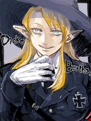 Rule 34 | 1girl, blonde hair, blue eyes, breasts, character name, cross, dicke bertha, enigma (nig69), german text, gloves, grin, hat, iron cross, kutsuzure sensen, long hair, military, military uniform, necktie, personification, pointy ears, sharp teeth, slit pupils, smile, solo, teeth, translated, uniform, white gloves, witch hat