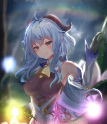 Rule 34 | 1girl, absurdres, ahoge, bare shoulders, bell, black gloves, blue hair, blurry, blurry background, blush, bodysuit, breasts, commentary request, detached sleeves, eyebrows hidden by hair, ganyu (genshin impact), genshin impact, gloves, goat horns, hand up, highres, horns, long hair, long sleeves, looking at viewer, rain, rainbow, septet (zrca janne), solo, standing, vision (genshin impact)