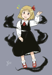 Rule 34 | 1girl, black skirt, black vest, blonde hair, bobby socks, chii-kun (seedyoulater), collared shirt, darkness, grey background, hair ribbon, highres, long sleeves, looking at viewer, mary janes, red eyes, red footwear, red ribbon, ribbon, rumia, shirt, shoes, signature, skirt, smile, socks, solo, touhou, vest, white shirt