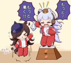 Rule 34 | &gt; &lt;, 1koma, 2girls, = =, animal ears, arm up, blue flower, blue headwear, blue rose, brown hair, brown headwear, carrot print, chibi, comic, commentary request, ear wiggle, fascinator, flower, flying sweatdrops, food print, gold ship (umamusume), gomashio (goma feet), hair over one eye, handkerchief, hat, hat flower, headgear, holding, holding handkerchief, horse ears, horse girl, horse tail, jumping, long hair, long sleeves, motion lines, multiple girls, open mouth, pillbox hat, red track suit, rice shower (umamusume), rose, shout lines, shouting, speech bubble, standing, swept bangs, tail, tail wagging, tilted headwear, translated, umamusume, vaulting horse, very long hair