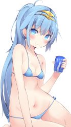 Rule 34 | 1girl, bare shoulders, barefoot, beatmania, beatmania iidx, bikini, blue bikini, blush, breasts, can, closed mouth, collarbone, commentary request, cuvelia, gluteal fold, groin, hair between eyes, hair ornament, hand up, highres, holding, holding can, kyuukon (qkonsan), long hair, looking at viewer, micro bikini, navel, side-tie bikini bottom, sidelocks, simple background, small breasts, solo, sweat, swimsuit, very long hair, white background