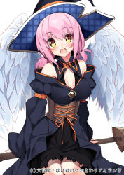 Rule 34 | 1girl, angel wings, bare shoulders, black dress, breasts, broom, broom riding, cleavage, corset, daibouken! yukeyuke osawari island, dress, female focus, hat, head tilt, large breasts, long sleeves, low twintails, off shoulder, official art, original, pink hair, sidesaddle, solo, twintails, wide sleeves, wings, witch, witch hat, yappen, yatsu (sasuraino), yellow eyes