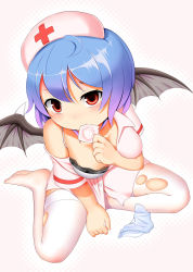 Rule 34 | 1girl, bad id, bad pixiv id, bat wings, blue hair, condom, condom in mouth, fey (broken cage), from above, hat, highres, mouth hold, nurse, nurse cap, panties, unworn panties, red eyes, remilia scarlet, solo, thighhighs, third eye, torn clothes, torn thighhighs, touhou, underwear, white thighhighs, wings