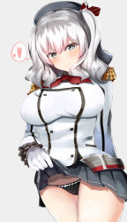 Rule 34 | 1girl, beret, black panties, black skirt, blue eyes, breasts, buttons, clothes lift, epaulettes, frilled sleeves, frills, gloves, grey eyes, hat, heart, highres, jacket, kantai collection, kashima (kancolle), kerchief, large breasts, lifting own clothes, long sleeves, military, military jacket, military uniform, miniskirt, ninoude (ninoude44), panties, pleated skirt, red neckwear, silver hair, skirt, skirt hold, solo, twintails, underwear, uniform, wavy hair, white gloves, white jacket