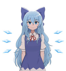 Rule 34 | 1girl, alternate hair length, alternate hairstyle, blue dress, blue eyes, blue hair, cirno, collared shirt, dress, fairy wings, flat chest, highres, ice, ice wings, long dress, long hair, mata (matasoup), neck ribbon, pinafore dress, puffy short sleeves, puffy sleeves, red ribbon, ribbon, shirt, short sleeves, simple background, sleeveless dress, solo, touhou, white background, white shirt, wings