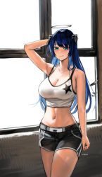 Rule 34 | 1girl, absurdres, ai-bon, arknights, arm up, bare arms, bare shoulders, black shorts, blue eyes, blue hair, breasts, camisole, cleavage, commentary request, cowboy shot, crop top, halo, highres, horns, indoors, large breasts, long hair, looking at viewer, midriff, mostima (arknights), navel, official alternate costume, short shorts, shorts, smile, solo, spaghetti strap, standing, star (symbol), star print, stomach, thighs, very long hair, window