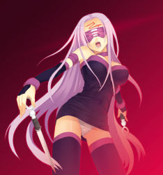Rule 34 | 00s, 1girl, black thighhighs, blindfold, char, choker, dress, dual wielding, elbow gloves, face, fate/stay night, fate (series), gloves, holding, long hair, medusa (fate), medusa (rider) (fate), open mouth, panties, pantyshot, pink hair, simple background, solo, strapless, strapless dress, thighhighs, tube dress, underwear, very long hair, weapon, white panties
