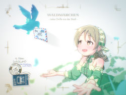 Rule 34 | 1girl, bare shoulders, brown eyes, brown hair, curly hair, dress, envelope, green dress, idol, idolmaster, idolmaster cinderella girls, idolmaster cinderella girls starlight stage, morikubo nono, outstretched arms, sleeveless, sleeveless dress, squirrel, stamp, twitter bird