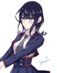 Rule 34 | 1girl, black hair, blouse, blue eyes, blue jacket, blue skirt, blush, breasts, buttons, collared shirt, fate/requiem, fate (series), high-waist skirt, jacket, large breasts, long sleeves, looking to the side, medium hair, necktie, open clothes, open jacket, shirt, sidelocks, skirt, solo, utsumi erice, utsumi erice (mission start), wataame mizuiro, white background, white shirt