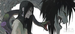 Rule 34 | 1boy, black hair, character name, character profile, character sheet, earrings, fangs, fisher903, grin, highres, jewelry, naruto, naruto (series), ninja, open mouth, orochimaru (naruto), pale skin, simple background, smile, snake, solo, teeth, white background, yellow eyes