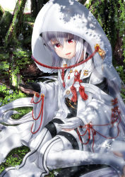 Rule 34 | 1girl, absurdres, alternate costume, black gloves, dragon girl, dragon horns, fate/grand order, fate (series), gloves, grey hair, highres, hooded, horns, huge filesize, japanese clothes, kimono, kiyohime (fate), kiyohime (third ascension) (fate), long hair, multiple horns, outdoors, partially fingerless gloves, red eyes, sitting, solo, thighhighs, totororo, wariza, white gloves, white thighhighs, wide sleeves