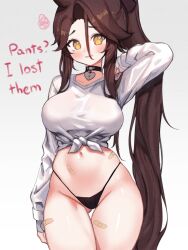 Rule 34 | 1girl, arm up, bandaid, bandaid on stomach, bandaid on thigh, black panties, blush, breasts, brown hair, choker, clenched teeth, cowboy shot, cowlick, crop top, curvy, english text, gluteal fold, groin, heart, heart-shaped pupils, heart choker, highleg, highleg panties, highres, large breasts, long hair, long sleeves, looking at viewer, messy hair, navel, no pants, no pupils, orange eyes, original, panties, ponytail, shirt, simple background, sky above me, smile, solo, squiggle, symbol-shaped pupils, teeth, thigh gap, tied shirt, underwear, very long hair, white background, white shirt, wide hips