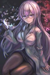 Rule 34 | .live, 1girl, absurdres, black gloves, breasts, carro pino, cellphone, commentary request, denchi more power, glasses, gloves, hair between eyes, highres, lab coat, large breasts, long hair, looking at viewer, aged up, petals, phone, purple eyes, purple hair, simple background, smile, solo, virtual youtuber