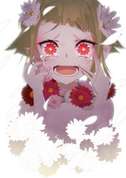 Rule 34 | 1girl, blurry, blush, brown hair, cluseller, completely nude, crying, female focus, flat chest, flower, flower-shaped pupils, flower necklace, hair flower, hair ornament, hands up, highres, jewelry, light blush, necklace, no nipples, nude, open mouth, original, petals, pink flower, purple flower, red eyes, red flower, scared, short hair, sidelocks, simple background, solo, symbol-shaped pupils, tears, teeth, tongue, upper body, white background, white flower, wide-eyed