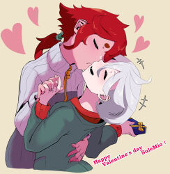 Rule 34 | 2girls, ahoge, box, cardigan, casual, closed eyes, couple, english text, gift, gift box, green cardigan, grey hair, gundam, gundam suisei no majo, hair between eyes, hand on another&#039;s back, happy, heart, highres, holding, holding hands, interlocked fingers, jewelry, long sleeves, low ponytail, lower teeth only, miorine rembran, multiple girls, no hairband, official alternate hairstyle, open mouth, red hair, ring, short hair, simple background, suletta mercury, teeth, thick eyebrows, upper body, valentine, vertical-striped sweater, wedding ring, yellow background, you ing, yuri, zipper