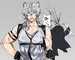 Rule 34 | 1boy, 1other, animal ears, arknights, arm strap, black gloves, doctor (arknights), facial scar, gloves, grey background, grey hair, hair between eyes, holding, hood, hood up, ierotak, leopard boy, leopard ears, male focus, open mouth, pectoral cleavage, pectorals, scar, scar on cheek, scar on face, shirt, silverash (arknights), sleeveless, sleeveless shirt, sweat, toned, toned male, upper body, white shirt