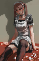 Rule 34 | 1girl, black thighhighs, blush, breasts, broken cup, brown eyes, brown hair, highres, jittsu, long hair, looking at viewer, maid, maid headdress, original, parted lips, sitting, solo, spill, tea, teeth, thighhighs, twintails