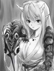 Rule 34 | breasts, cleavage, demon girl, greyscale, horns, japanese clothes, large breasts, michael f91, monochrome, monster, oni, pointy ears, solo