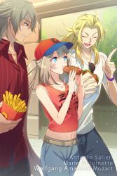 Rule 34 | 1girl, 2boys, :t, antonio salieri (fate), black pants, blonde hair, blouse, blue eyes, blue pants, blush, burger, casual, character name, closed eyes, clothes writing, collarbone, contemporary, day, denim, dress shirt, eating, echo (circa), eyewear hang, fang, fate/grand order, fate (series), food, hat, hot dog, index finger raised, jeans, long hair, marie antoinette (fate), midriff, multiple boys, navel, outdoors, pants, red shirt, shirt, short sleeves, silver hair, sleeveless, sleeveless shirt, stomach, striped clothes, striped shirt, twintails, unworn eyewear, very long hair, walking, white shirt, wolfgang amadeus mozart (fate), wristband