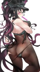 Rule 34 | 1girl, absurdres, armband, ass, ass support, baton, black gloves, black hair, black panties, black pantyhose, blush, bodystocking, breasts, fate/grand order, fate (series), fingerless gloves, gloves, hat, highres, large breasts, licking, licking lips, lips, liuli yuanxiaoniao, long hair, looking back, multicolored hair, necktie, panties, pantyhose, pink hair, police, police hat, police uniform, policewoman, sessyoin kiara, sessyoin kiara (swimsuit mooncancer), sideboob, thighs, thong, tongue, tongue out, torn clothes, torn legwear, traffic baton, underwear, uniform, white background, yellow eyes