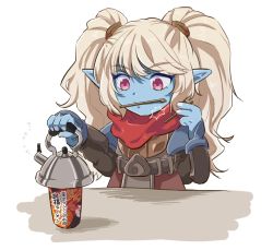 Rule 34 | 1girl, belt, black belt, blonde hair, blue skin, chopsticks, colored skin, cup ramen, hands up, highres, hiyari (hiyarilol), league of legends, long sleeves, mouth hold, pointy ears, poppy (league of legends), red scarf, scarf, solo, twintails, water boiler, yordle
