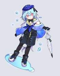 Rule 34 | 12 akn, 1boy, arknights, beret, black footwear, black gloves, black pantyhose, black shirt, black shorts, black sleeves, blue cape, blue hair, blue hat, cape, clothing cutout, commentary, detached sleeves, full body, gloves, gradient hair, grey background, hat, highres, holding, holding umbrella, hood, hooded cape, infection monitor (arknights), jellyfish, light blue hair, long hair, male focus, mizuki (arknights), multicolored hair, pantyhose, pantyhose under shorts, pink eyes, ponytail, puddle, purple hair, shirt, shoes, shorts, shoulder cutout, simple background, smile, sneakers, solo, umbrella