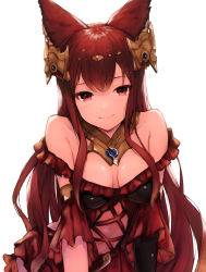Rule 34 | 1girl, animal ears, anthuria, bad id, bad pixiv id, bare shoulders, black gloves, blush, breasts, breasts apart, closed mouth, commentary request, detached sleeves, dress, erune, frilled dress, frills, gloves, granblue fantasy, hair ornament, highres, koretsuki azuma, long hair, looking at viewer, medium breasts, red dress, red eyes, simple background, single glove, smile, solo, very long hair, white background