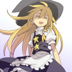 Rule 34 | 1girl, apron, black hat, black skirt, black vest, blonde hair, bow, braid, closed eyes, commentary request, cookie (touhou), cowboy shot, flat chest, frilled apron, frilled skirt, frills, gradient background, hair bow, hat, hat bow, kirisame marisa, long hair, nahori (hotbeans), open mouth, pink background, puffy short sleeves, puffy sleeves, shirt, short sleeves, side braid, single braid, skirt, skirt set, smile, solo, suzu (cookie), touhou, turtleneck, vest, waist apron, white apron, white background, white bow, white shirt, witch hat