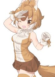Rule 34 | 1girl, animal ears, bare shoulders, blush, brown eyes, brown hair, brown shirt, brown skirt, brown thighhighs, cowboy shot, dhole (kemono friends), dog ears, dog girl, dog tail, extra ears, gloves, hair between eyes, highres, houkokukokui, kemono friends, light brown hair, looking at viewer, miniskirt, one eye closed, open mouth, pleated skirt, shirt, sidelocks, skirt, sleeveless, solo, tail, thighhighs, two-tone shirt, white gloves, white hair, white shirt, zettai ryouiki