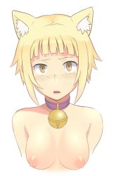 Rule 34 | 10s, 1girl, animal ears, bare shoulders, bell, blonde hair, blunt bangs, blush, breasts, cat ears, cat girl, collar, dai (uhyoko1102151), embarrassed, female focus, furrowed brow, kuraishi tanpopo, looking at viewer, medium breasts, neck bell, nipples, nose blush, open mouth, puffy nipples, short hair, simple background, solo, upper body, wavy mouth, white background, witch craft works, yellow eyes