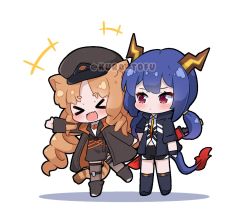 Rule 34 | &gt; &lt;, +++, 2girls, :d, > <, animal ears, arknights, black footwear, black headwear, black jacket, black shorts, black skirt, black vest, blue hair, blush, boots, bow, brown hair, brown legwear, cabbie hat, ch&#039;en (arknights), chibi, closed eyes, closed mouth, collared shirt, commentary, commission, english commentary, facing viewer, fang, hat, horns, jacket, knee boots, kurotofu, long hair, long sleeves, low twintails, multiple girls, open mouth, orange bow, outstretched arm, parted bangs, red eyes, ringlets, second-party source, shadow, shirt, short eyebrows, short shorts, shorts, skin fang, skirt, smile, standing, standing on one leg, swire (arknights), tail, thick eyebrows, thighhighs, thighhighs under boots, tiger ears, tiger girl, tiger tail, twintails, twitter username, very long hair, vest, watermark, white background, white shirt, xd