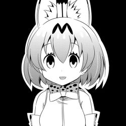 Rule 34 | 10s, 1girl, :d, animal ears, bare shoulders, black background, bow, bowtie, breasts, commentary request, eyelashes, facing viewer, false smile, greyscale, hair between eyes, kemono friends, looking at viewer, medium breasts, monochrome, multicolored hair, na! (na&#039;mr), open mouth, outline, serval (kemono friends), serval print, shirt, short hair, simple background, sleeveless, sleeveless shirt, smile, solo, tareme, two-tone hair, upper body, white outline
