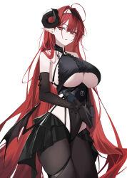 Rule 34 | 1girl, absurdres, ahoge, azur lane, bare shoulders, black gloves, black headband, black horns, black pantyhose, black skirt, breasts, center frills, clothing cutout, commentary, covered navel, cowboy shot, curled horns, demon girl, demon wings, elbow gloves, frilled gloves, frills, gloves, hair intakes, headband, heart, highres, hindenburg (azur lane), horns, kittf, large breasts, long hair, looking at viewer, pantyhose, parted lips, pleated skirt, pointy ears, red eyes, red hair, sideboob, simple background, skirt, solo, thigh strap, thighs, underboob, underboob cutout, very long hair, white background, wings