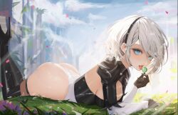 Rule 34 | 1girl, 2b (nier:automata), ass, black hairband, blue eyes, boots, breasts, candy, clothing cutout, curvy, feather-trimmed sleeves, feather trim, food, gloves, hairband, highleg, highleg leotard, highres, huge ass, juliet sleeves, leotard, lollipop, long sleeves, looking at viewer, lying, medium breasts, mole, mole under mouth, neo (neorarty3), nier:automata, nier (series), no blindfold, on stomach, puffy sleeves, shiny skin, short hair, sky, solo, teeth, thighhighs, thighhighs under boots, thong leotard, tongue, tongue out, upper teeth only, white hair, white leotard, wide hips