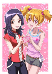 Rule 34 | 2girls, :d, belt, black pants, blonde hair, breasts, brown eyes, cleavage, collarbone, cowboy shot, fresh precure!, grey shorts, hair between eyes, hair ornament, hair scrunchie, hand on another&#039;s hip, hand on another&#039;s shoulder, hanzou, heart, heart hands, heart hands duo, heart print, higashi setsuna, long hair, looking at viewer, medium breasts, momozono love, multiple girls, open mouth, pants, parted bangs, pink scrunchie, pink shirt, precure, print shirt, red eyes, red shirt, scrunchie, shirt, short shorts, short twintails, shorts, sleeveless, sleeveless shirt, smile, standing, twintails
