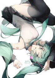 Rule 34 | 1girl, 39, absurdres, ankoro mochi, anniversary, aqua eyes, aqua hair, aqua nails, aqua necktie, bare shoulders, black skirt, black sleeves, black thighhighs, collared shirt, commentary, detached sleeves, feet out of frame, hatsune miku, headphones, highres, long hair, looking at viewer, necktie, open mouth, pleated skirt, shirt, simple background, skirt, sleeveless, sleeveless shirt, solo, thighhighs, tie clip, twintails, upside-down, very long hair, vocaloid, white background, white shirt