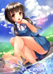 Rule 34 | 10s, 1girl, amayadori machi, bad id, bad pixiv id, bare legs, barefoot, blunt bangs, blush, brown eyes, brown hair, commentary request, feet, hair ribbon, kumamiko, long hair, looking at viewer, low twintails, neko neko koneko, open mouth, outdoors, pleated skirt, ribbon, school uniform, sitting, skirt, smile, soaking feet, soles, solo, toes, twintails, water