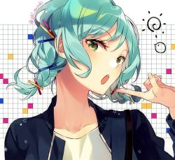 Rule 34 | 1girl, :o, alternate hairstyle, aqua hair, bang dream!, blue jacket, braid, collarbone, commentary request, green eyes, grid background, hair ornament, hairpin, hikawa hina, jacket, long sleeves, looking at viewer, open mouth, pointing, pointing at self, shino yuki, short hair, solo, star (symbol), twin braids, twitter username, upper body