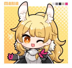 Rule 34 | 1girl, animal ears, arknights, armor, black cape, black gloves, blemishine (arknights), blonde hair, border, cape, character name, chibi, chibi only, color guide, commentary request, dog-san, fur-trimmed cape, fur trim, gloves, highres, horse ears, horse girl, one eye closed, orange eyes, pink gloves, polka dot, polka dot background, ponytail, sidelocks, signature, solo, two-tone gloves, upper body, w, yellow background