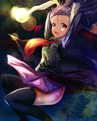 Rule 34 | 1girl, animal ears, arms up, bad id, bad pixiv id, black thighhighs, blazer, hizagawa rau, jacket, long hair, long sleeves, looking at viewer, necktie, open clothes, open jacket, open mouth, purple hair, rabbit ears, red eyes, reisen udongein inaba, shirt, skirt, smile, solo, thighhighs, thighs, touhou, very long hair, zettai ryouiki
