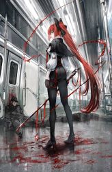 Rule 34 | 1boy, 1girl, absurdres, arms at sides, black bow, black gloves, blood, bloody weapon, blouse, bow, braid, clothing request, gawako, gloves, green eyes, hair bow, hemokinesis, high heels, highres, holding, holding weapon, long hair, long sleeves, looking at viewer, necktie, orange hair, original, red necktie, shirt, solo, standing, thighs, train interior, very long hair, weapon, white shirt