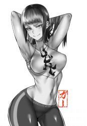 Rule 34 | 1girl, absurdres, armpits, arms behind head, black hair, black pants, blunt bangs, breasts, closed mouth, crop top, eye (mememem), greyscale, han juri, highres, hime cut, large breasts, long hair, looking at viewer, midriff, monochrome, multicolored hair, navel, pants, presenting armpit, shirt, simple background, sleeveless, sleeveless shirt, smile, solo, stomach, street fighter, street fighter v, two-tone hair, v-shaped eyebrows, white background, white shirt, yoga pants