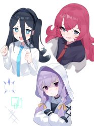 Rule 34 | + +, 3girls, aris (blue archive), atsuko (blue archive), beko (beco 1122), black gloves, black hair, black shirt, blue archive, blue necktie, bow, braid, gloves, grey eyes, hair bow, hairband, highres, hood, hood up, hoodie, iroha (blue archive), logo, long hair, low twin braids, multiple girls, necktie, one side up, pouty lips, purple eyes, purple hair, red hair, red necktie, shirt, side ponytail, simple background, smile, twin braids, white shirt