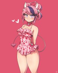 Rule 34 | 1girl, ahoge, blush, breasts, cleavage, closed mouth, collarbone, demon girl, demon tail, double bun, food print, hair bun, heart, heart ahoge, highres, horns, ironmouse, ironmouse (swimsuit), large breasts, multicolored hair, one-piece swimsuit, pink background, pink eyes, pink hair, purple hair, ryou sakai, short hair, simple background, smile, solo, strawberry print, swimsuit, tail, virtual youtuber, vshojo