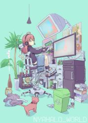 Rule 34 | 1girl, absurdres, ahoge, alternate costume, arrow (symbol), bottle, cat, clothes on floor, computer, cup, disposable cup, drawer, drinking straw, figure, flower pot, full body, globe, green background, headphones, headset, highres, hololive, keyboard (computer), kintoki (sakura miko), long sleeves, messy room, monitor, no pants, phone, pink cat, pink hair, plant, poster (object), potted plant, radicalfool, recycle bin, recycling symbol, sakura miko, simple background, sitting, trash can, virtual youtuber